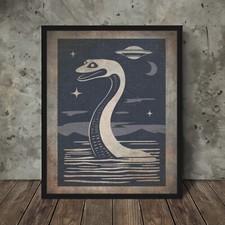 Listing image for Loch Ness Monster UFO Wall Art, Nessie Moon Alien Poster, Cryptid Nautical Decor