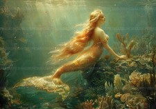 Listing image for Golden Mermaid Underwater Art Print Ocean Fantasy Mythological Wall Decor Q48