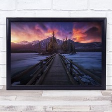 Listing image for Pyramid Lake Canada Bridge Mountains Trees Jasper Banff Sunset Winter Art Print